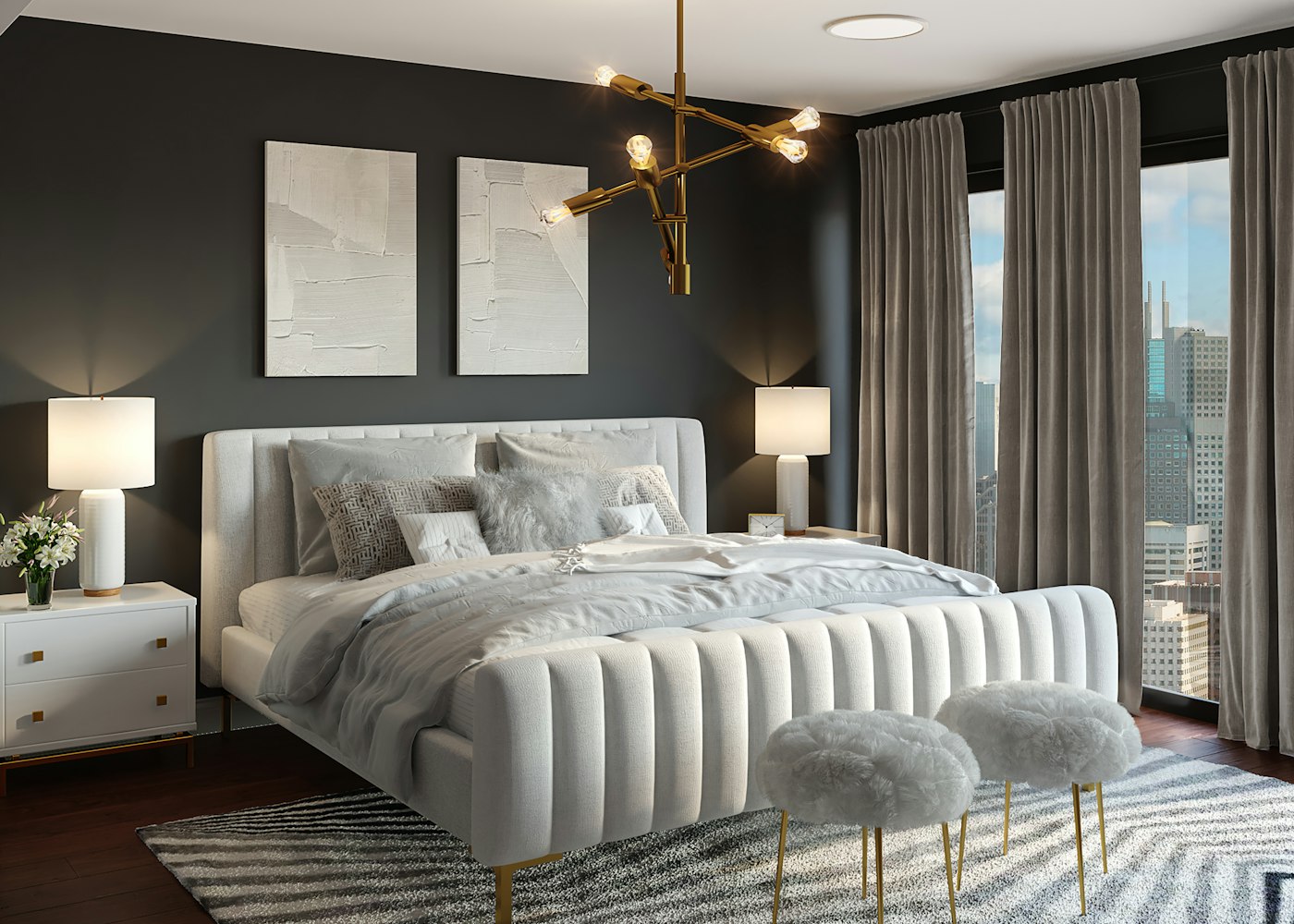 Made bed in a bedroom prepared for a vacate clean