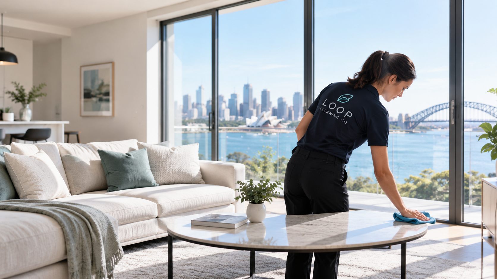 A Loop Cleaning Co cleaner wiping a table in a bright Sydney apartment, with the harbour, Opera House and Harbour Bridge outside